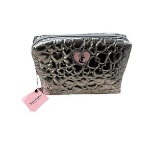 Juicy couture silver metallic baby pink logo heart travel makeup pouch case